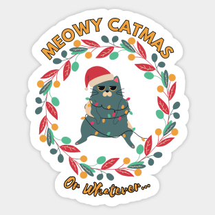 Funny Christmas Cat Tangled in Lights, Meowy Catmas Sticker